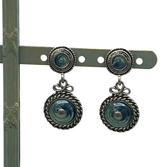 Vintage-Inspired Silver Drop Earrings With Blue Enamel Swirl Accents - Picture 7 of 7